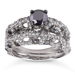 Yaffie™ Custom 2ct TDW Sterling Silver Diamond Bridal Ring Set, Interspersed with Black and White Sparkles