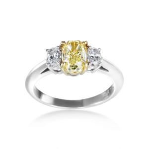 Platinum Yellow & White Diamond Ring with 3 Stones, 1 3/4 Carat Total Weight