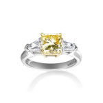 Certified Platinum Yaffie Diamond Engagement Ring with 2.48ct TDW, featuring Yellow and White Stones in a Stunning 3-Stone Design.