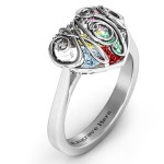 Yaffie™ Customizable Cursive Mom Ring with Caged Hearts and Ski Tip Band