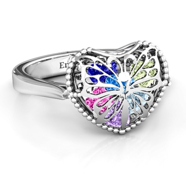 Yaffie™ Customised Butterfly Caged Hearts Ring with Ski Tip Band – Personalised Design