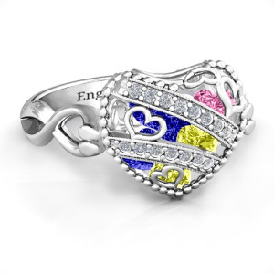 Custom-made Yaffie™ ring with infinity band featuring Personalised sparkling diamond caged hearts.