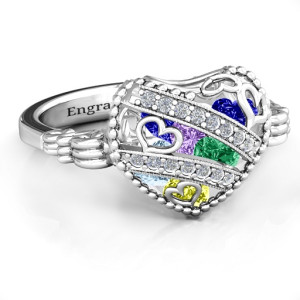 Personalised Sparkling Diamond Hearts Caged Hearts Ring with Butterfly Wings Band - Custom Made By Yaffie™