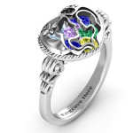 Yaffie ™ Custom-Made Mother and Child Caged Hearts Ring with Butterfly Wings Band - Personalised