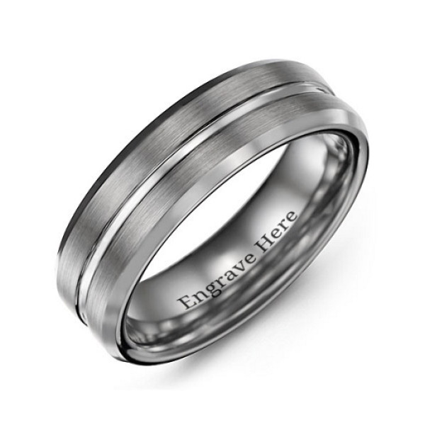 Yaffie™ Custom-Made Brushed Tungsten Ring for Men with Grooved Center and Beveled Edges - Personalised Design