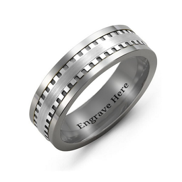 Yaffie™ Custom Made Personalised Tungsten Band Ring for Men with Vertical Grooved Centre