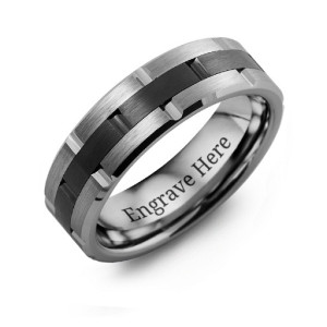 Personalised Men's Tungsten & Ceramic Grooved Brushed Ring - Custom Made By Yaffie™