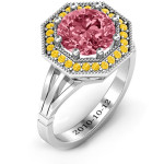 Yaffie™ Customizable Round Stone and Octagon Halo Ring for Personalization