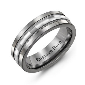 Yaffie™ Customised Tungsten Men Ring with Grooved Centre Band - Personalised for You