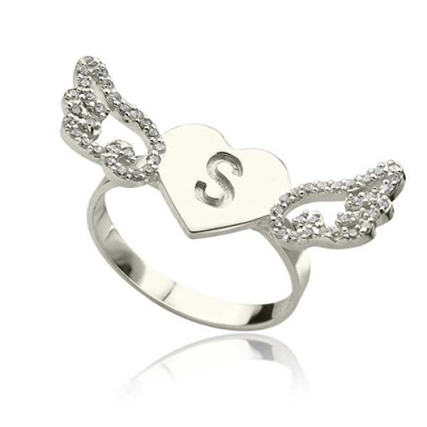 Yaffie ™ Custom Made Personalised Heart Angel Wings Ring with Engraved Initial and Birthstone