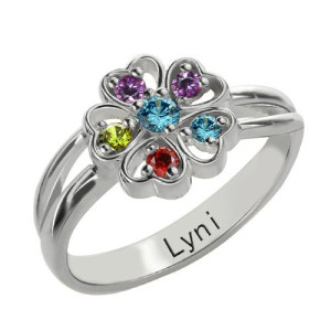 Yaffie ™ Custom Made Personalised Birthstone Promise Flower Ring with Engraved Name