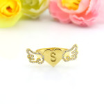 Yaffie ™ Custom Made Personalised Heart Ring with Birthstone Initial and Angel Wings