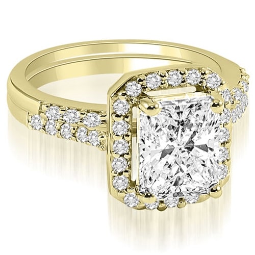 Sparkling Gold Bridal Set with Emerald and Round Diamonds - Yaffie 1.06 cttw Halo Design