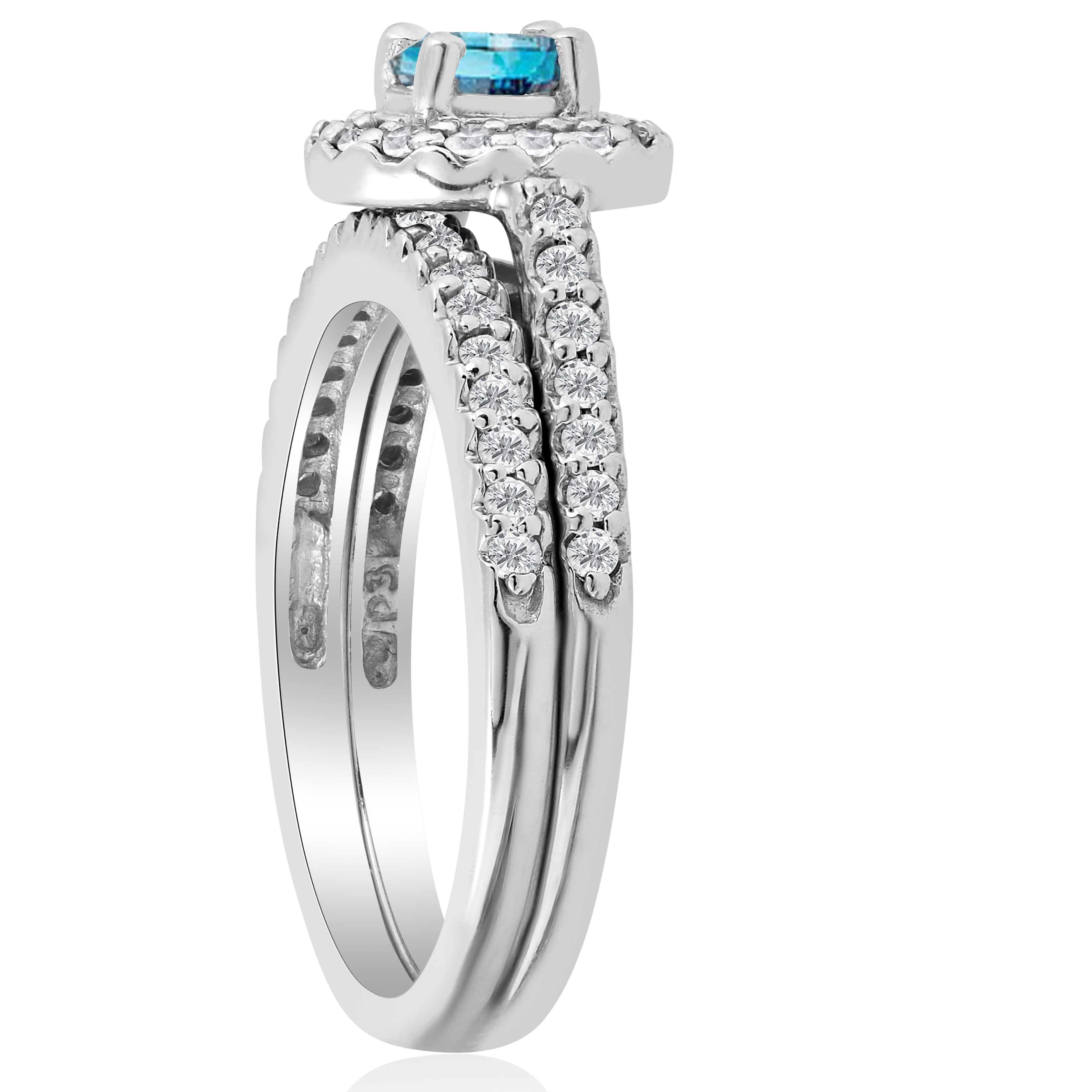 Blue Diamond Halo Wedding Set with 7/8ct White Gold Engagement Ring and Matching Band by Yaffie