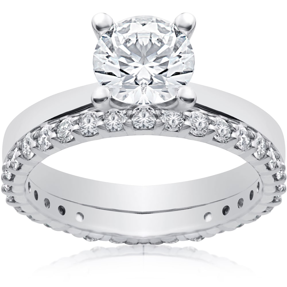 Eco-Friendly Diamond Duo: Yaffie White 1 3/4 ct Lab Grown Engagement Ring with Matching Eternity Band