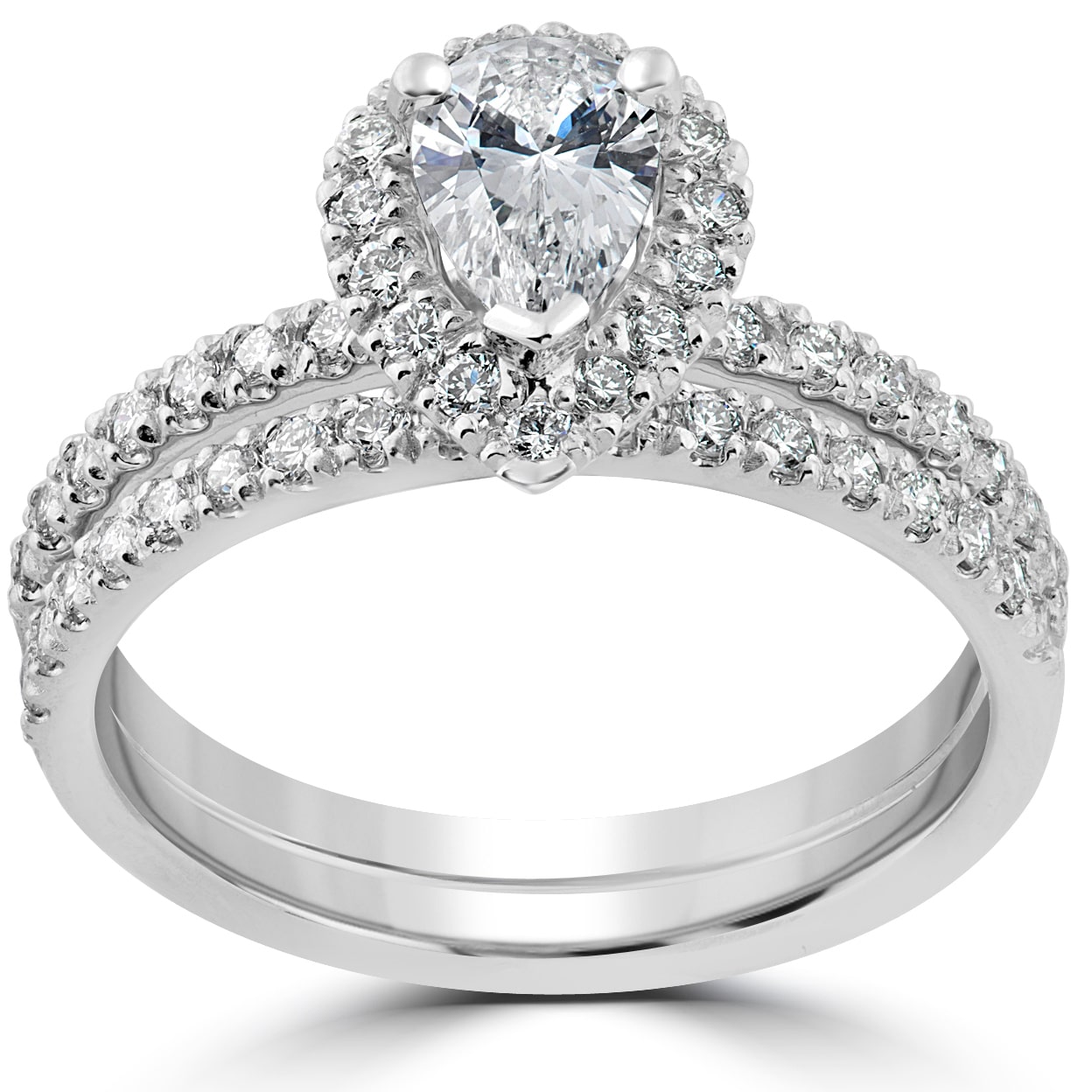 Yaffie Pear-shaped Halo Diamond Ring Set with 1 1/10 carats of White Gold for Engagement and Weddings