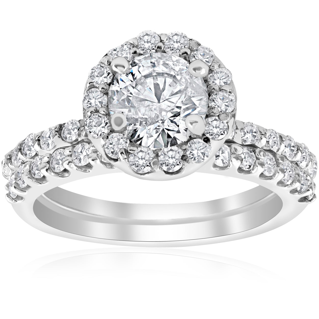 Glimmering Yaffie White Gold Engagement and Wedding Band Set with a Halo of Clarity-Enhanced Diamonds, Totaling 1 7/8 Carats.