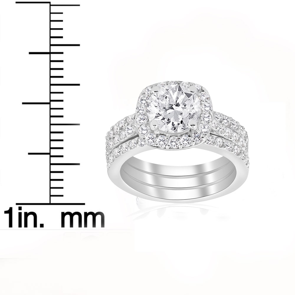 Enhanced Trio Wedding Ring Set featuring Cushion Halo Diamonds with 2 3/4 ct TDW in Yaffie White Gold.