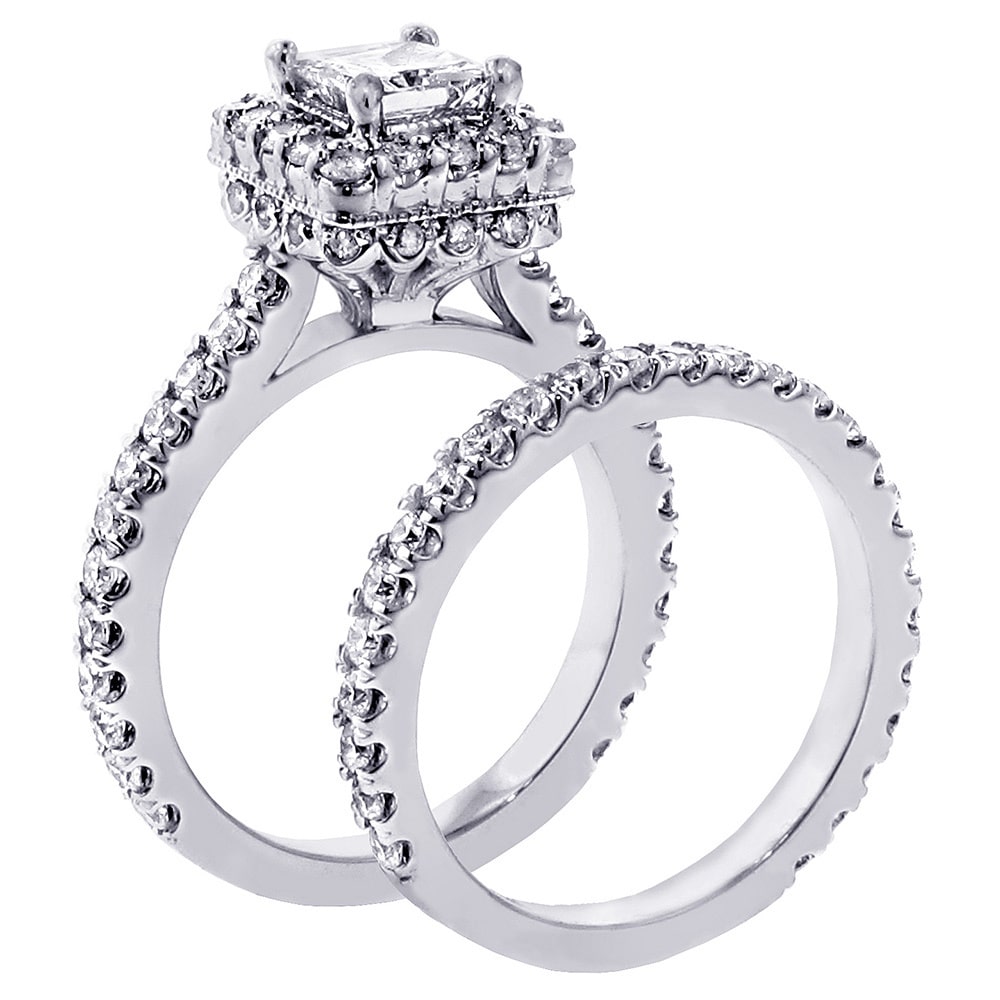 Yaffie Princess-cut Diamond Square Halo Bridal Ring Set in White Gold with 2.8ct Total Diamond Weight