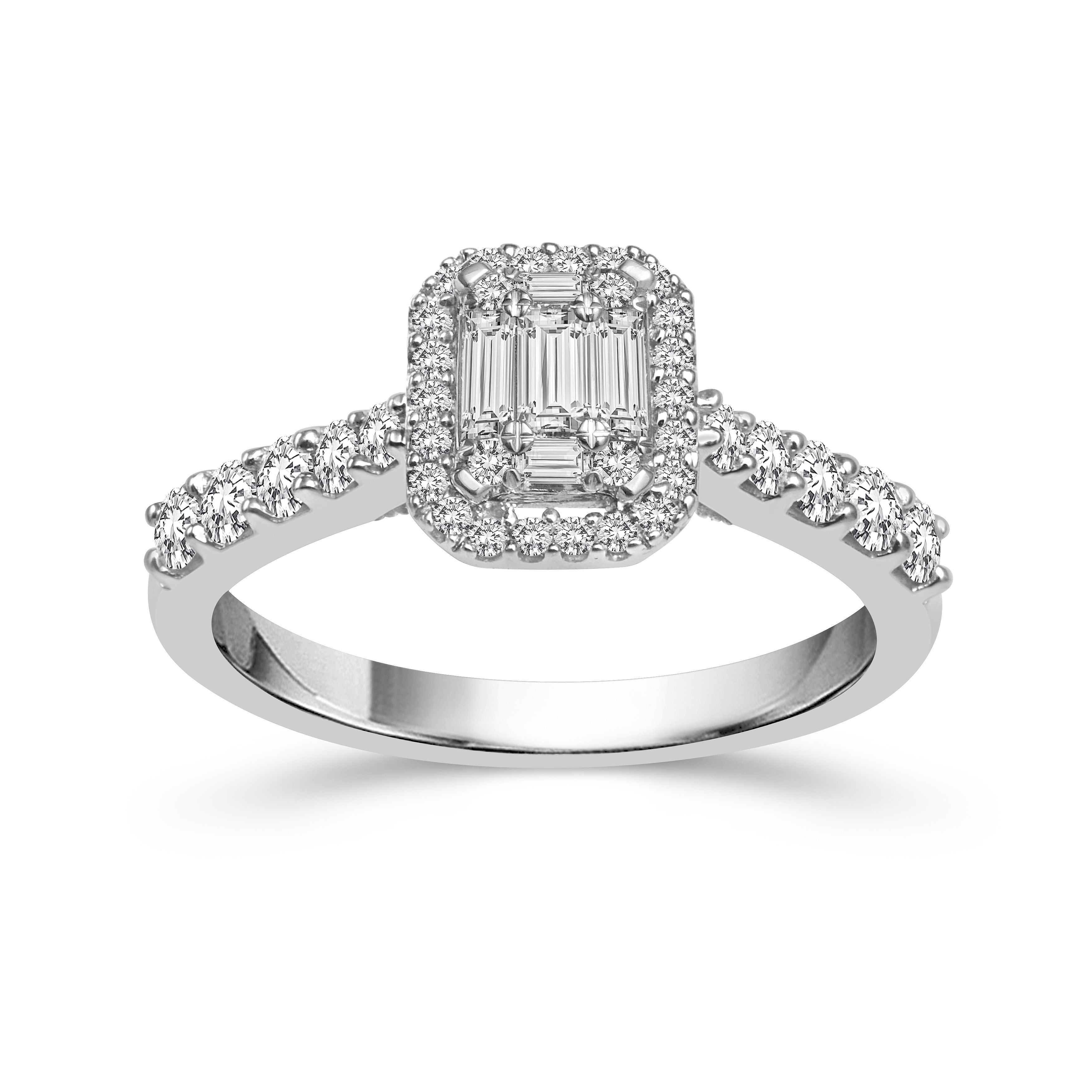 Baguette Diamond Ring in Yaffie White Gold, featuring a stunning 3/4ct TDW Emerald-shape design.