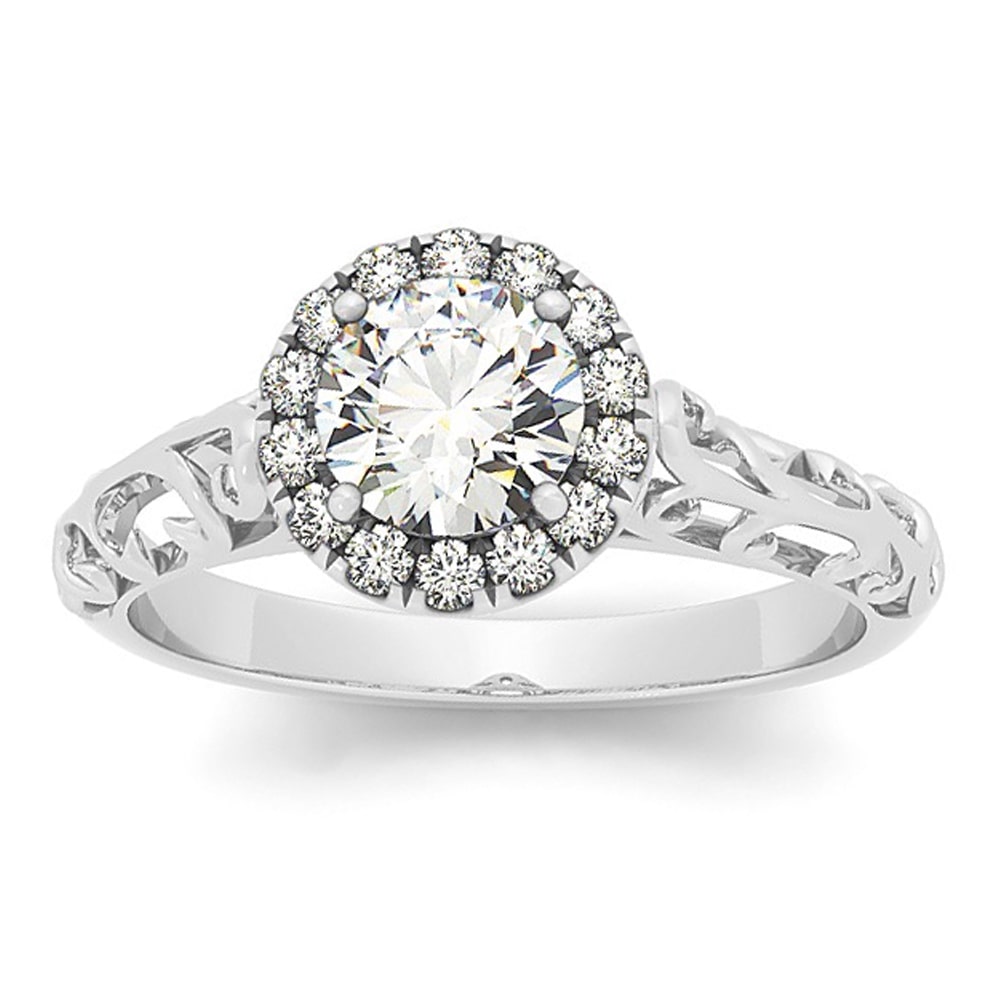 Vintage-inspired Yaffie White Gold Diamond Engagement Ring with 5/8ct Total Diamond Weight and Intricate Filigree Design