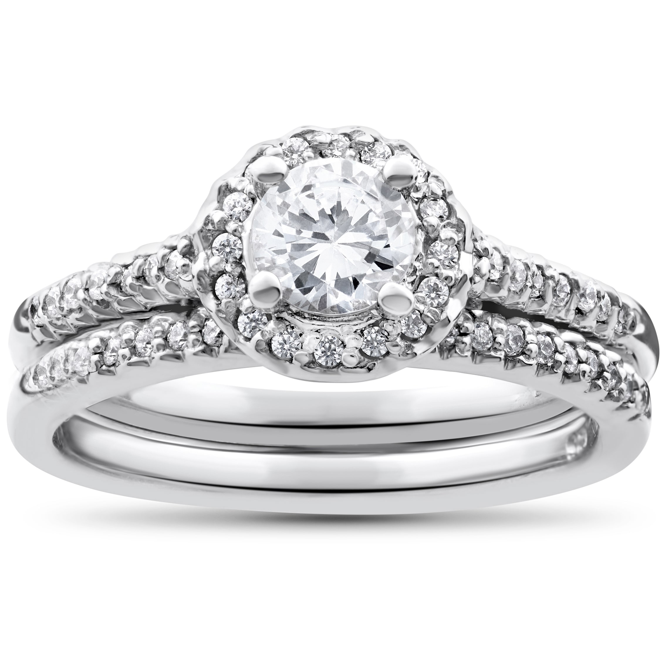 Matching Wedding Ring Set with Halo Round Diamond 7/8ct in Yaffie White Gold