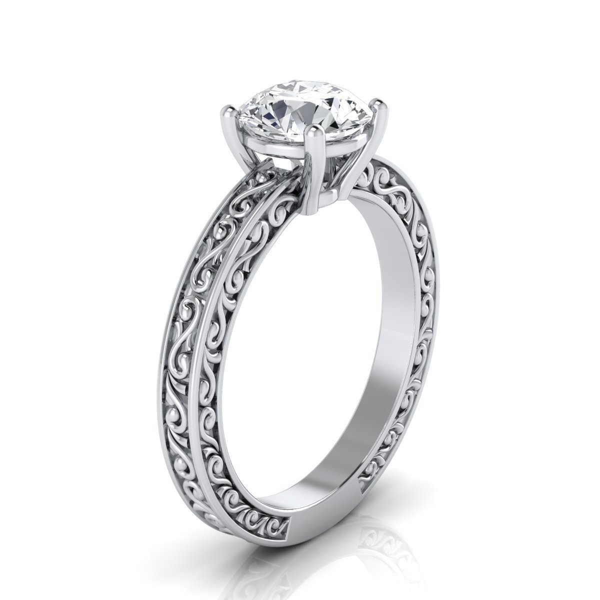Elevate Your Proposal with Yaffie 1ct White Gold IGI-Certified Diamond Ring Featuring a Stunning Round Solitaire and Scroll Ornamented Shank.