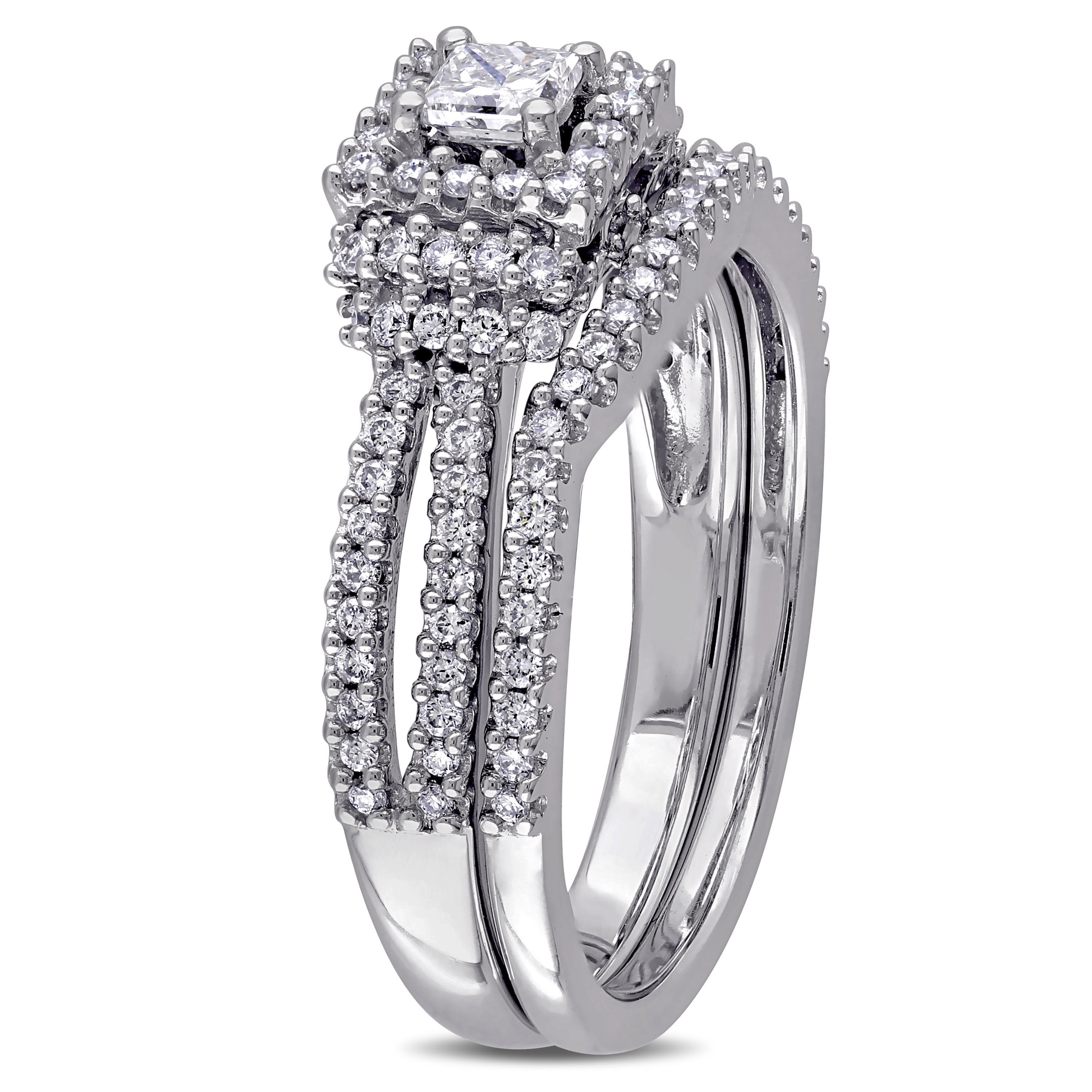 Signature Collection Yaffie Bridal Ring Set - 3/4ct TDW Princess and Round-Cut Diamonds with a Halo in White Gold
