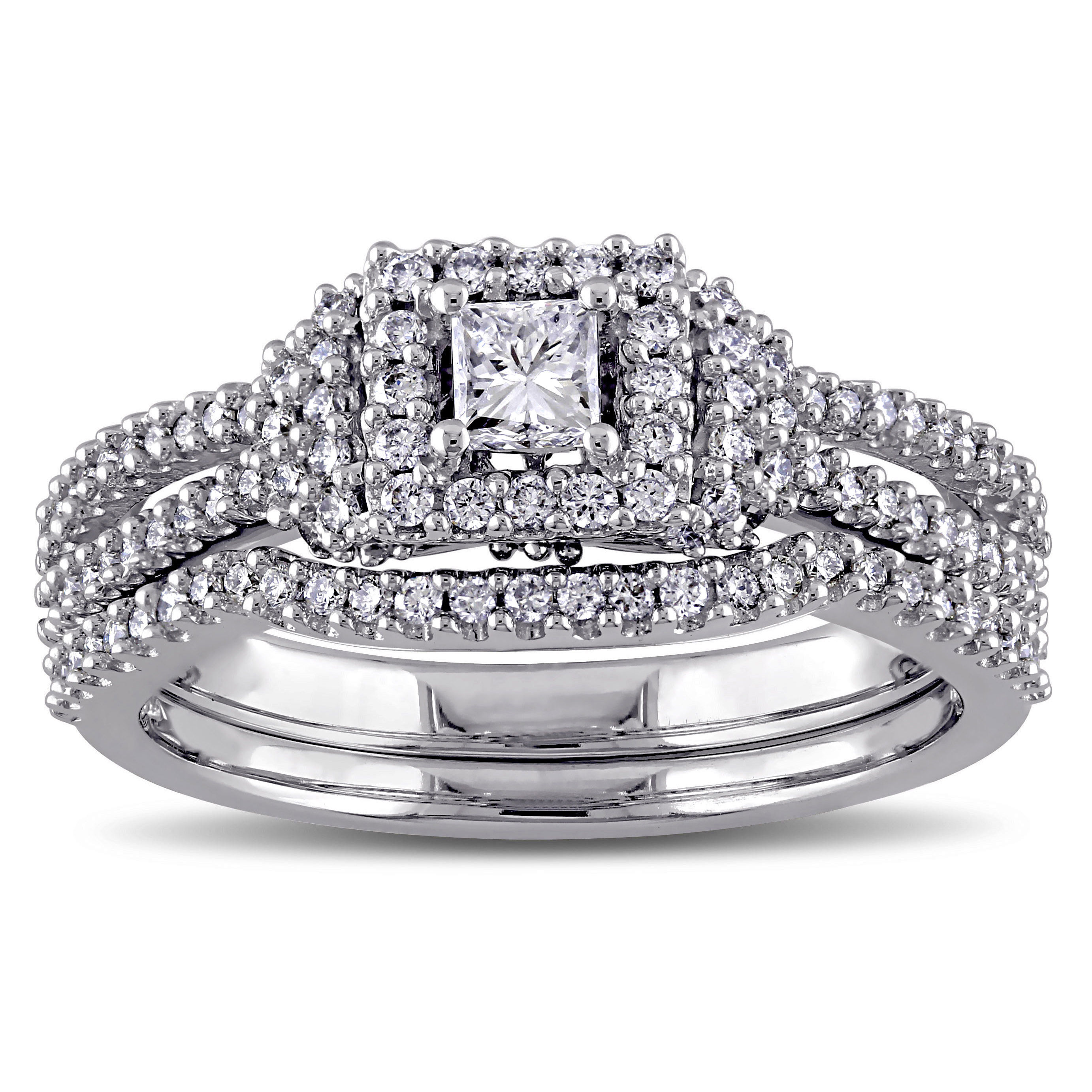 Signature Collection Yaffie Bridal Ring Set - 3/4ct TDW Princess and Round-Cut Diamonds with a Halo in White Gold