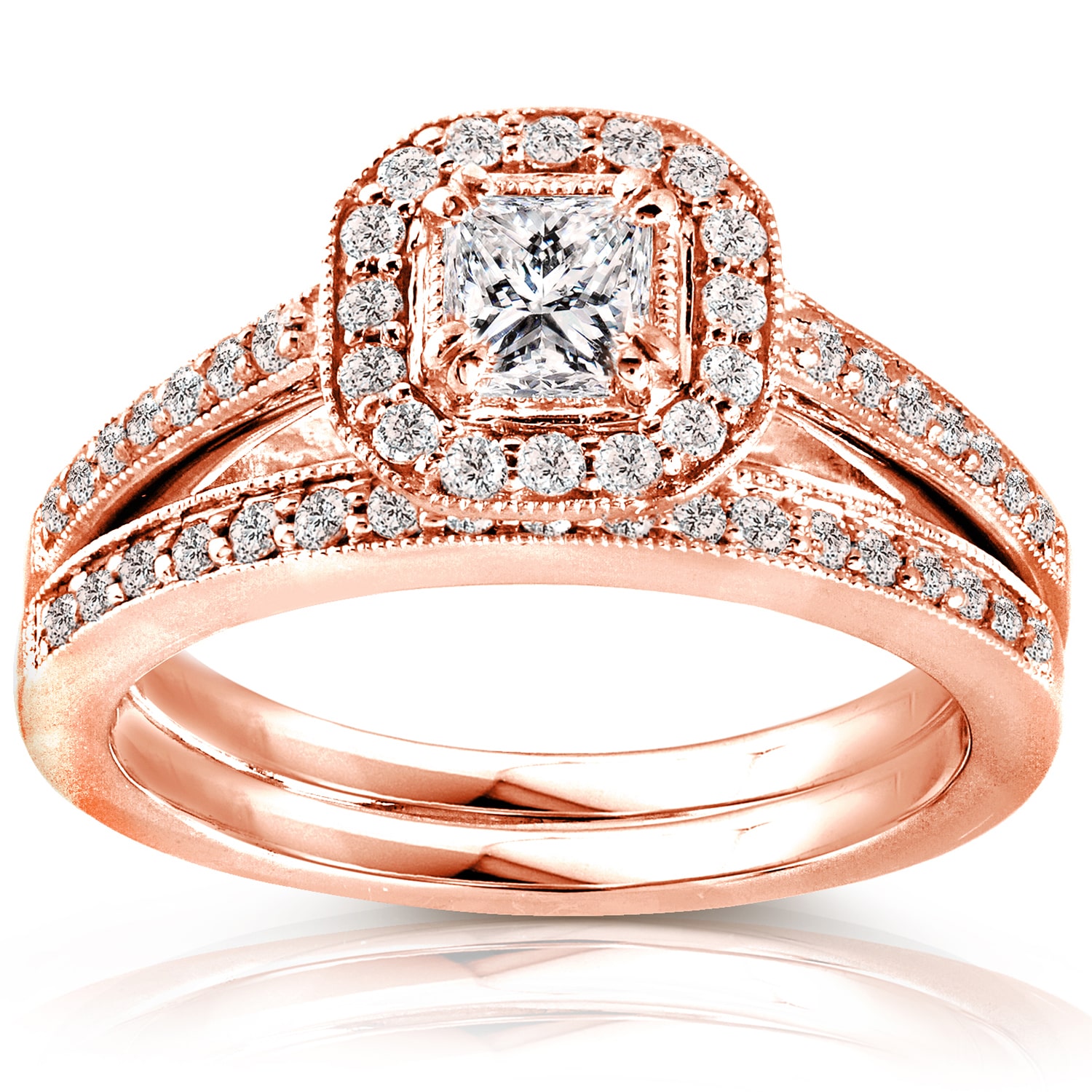 Rose Gold Princess Diamond Halo Bridal Set Featuring 5/8ct TDW by Yaffie