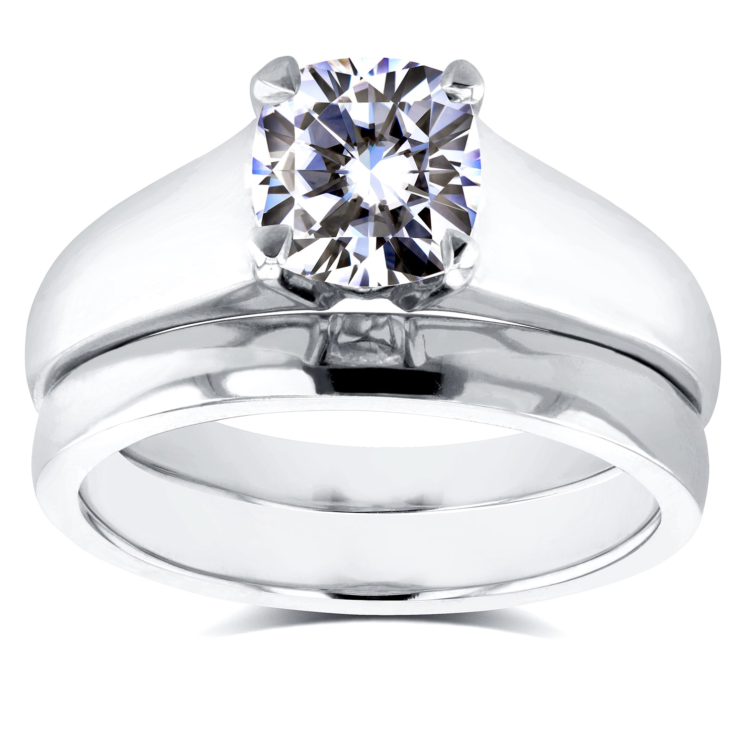 Elegant Yaffie White Gold Bridal Set with 1 1/10ct Cushion Moissanite Solitaire