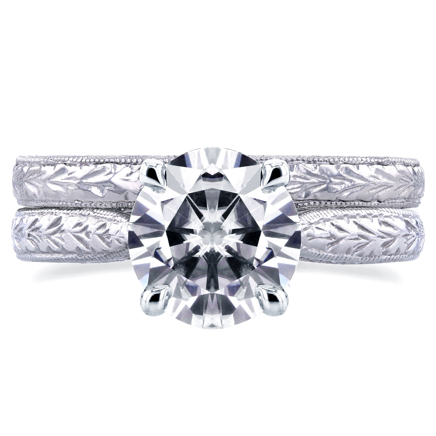 Antique Inspired Cathedral Bridal Rings with 1 1/2ct TGW Moissanite and Diamonds in Yaffie White Gold.