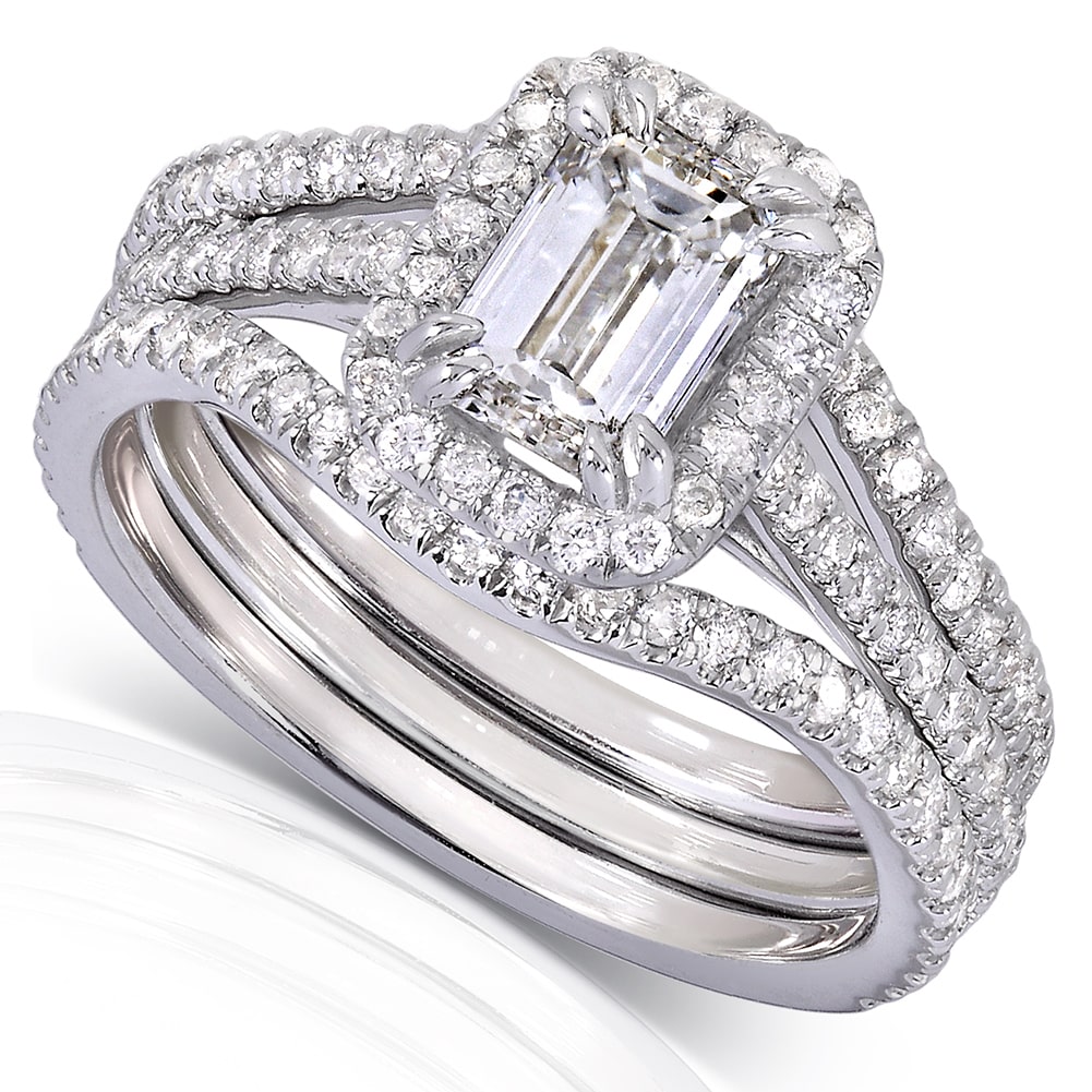 White Gold 3-Piece Bridal Set with Emerald-Cut Halo Diamond and 1 3/4ct Total Diamond Weight by Yaffie