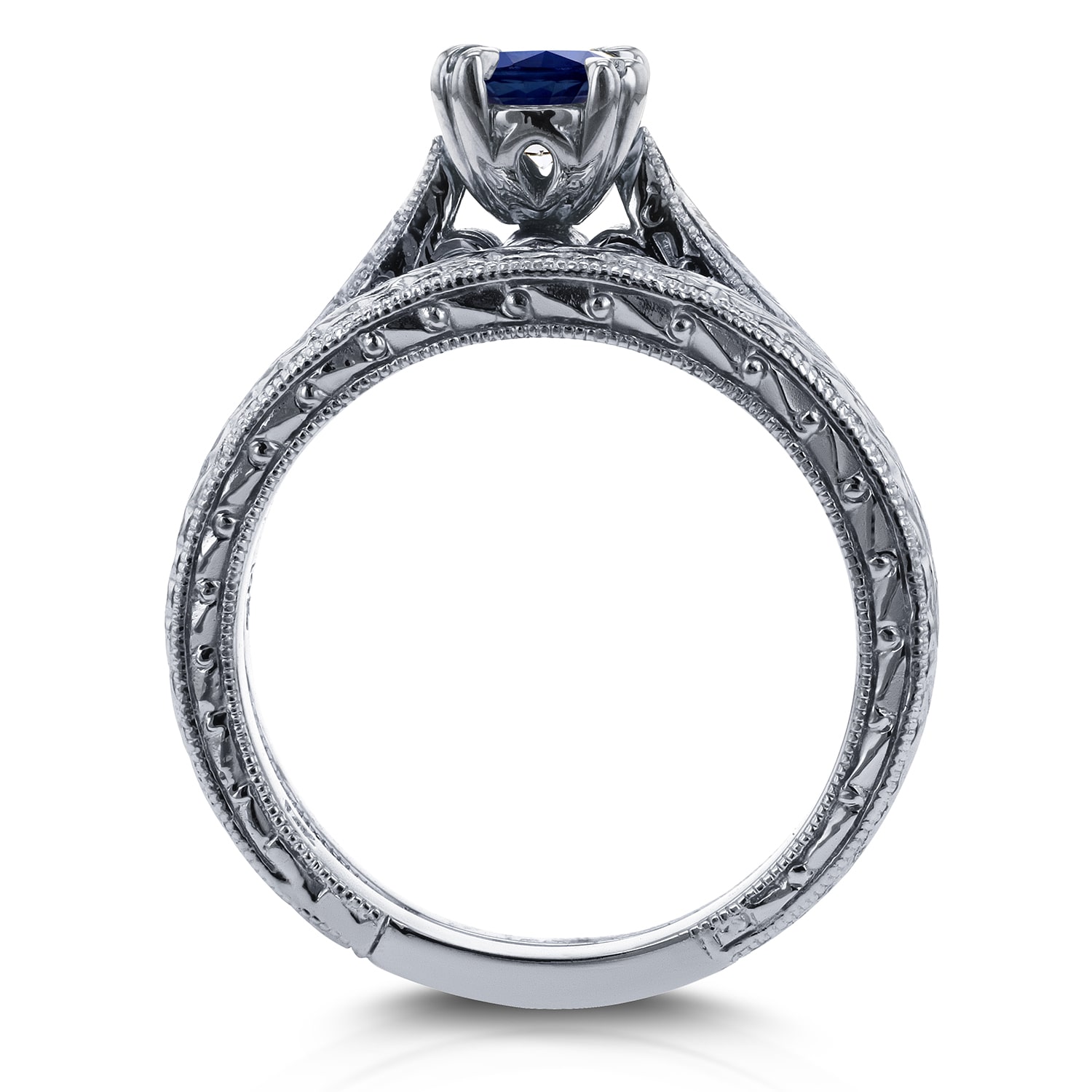 Vintage Bridal Set with Round Sapphire and Diamond Accents in Yaffie White Gold, featuring 1/2ct Total Gem Weight.