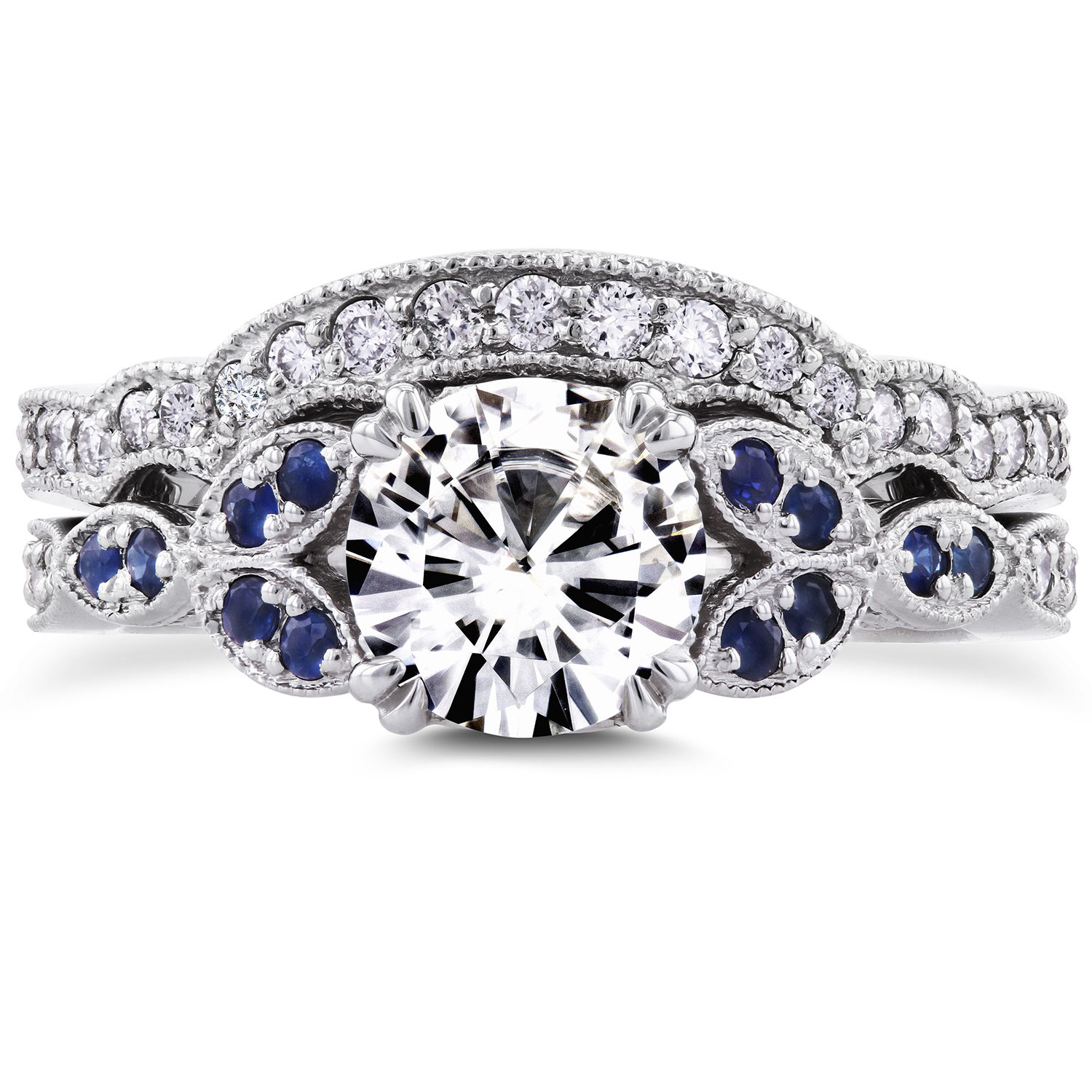 Forever Brilliant 1ct Moissanite &amp; Blue Sapphire Bridal Set with 1/4ct TDW Diamonds in Yaffie White Gold