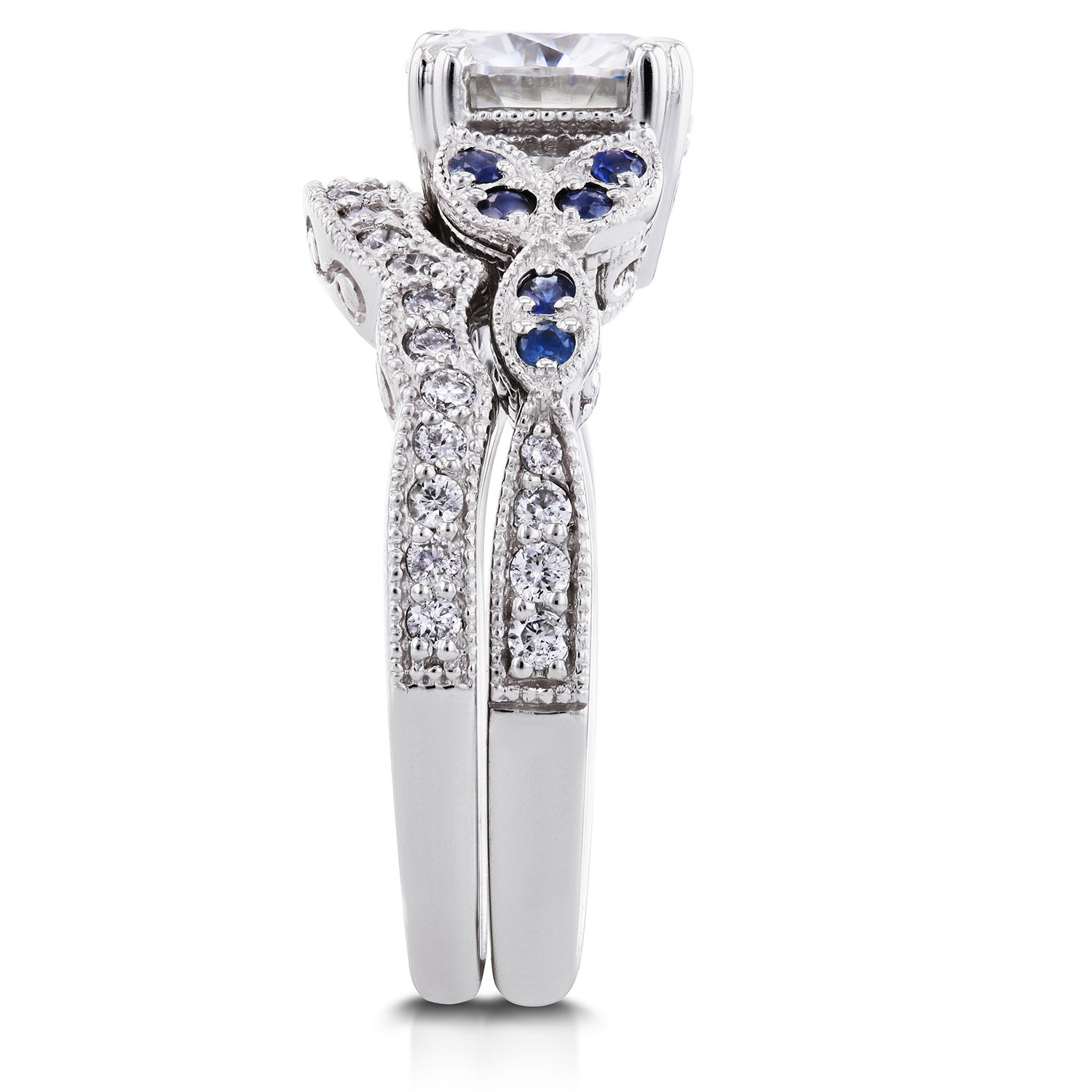 Forever Brilliant 1ct Moissanite &amp; Blue Sapphire Bridal Set with 1/4ct TDW Diamonds in Yaffie White Gold
