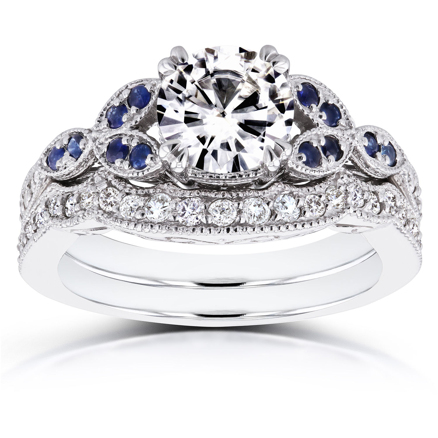 Forever Brilliant 1ct Moissanite &amp; Blue Sapphire Bridal Set with 1/4ct TDW Diamonds in Yaffie White Gold