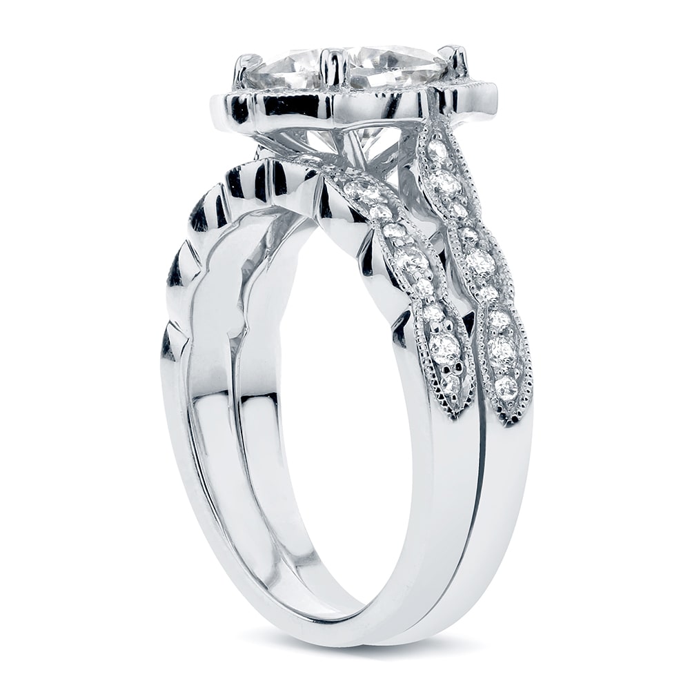 Vintage-inspired Bridal Ring Set with Cushion-cut Moissanite and Diamond Floral Accents in White Gold