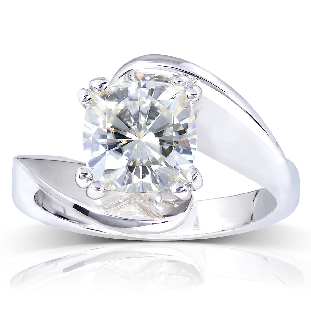 Unique Engagement Ring with Wide Bypass Style Solitaire and 2ct Cushion Moissanite in Yaffie White Gold