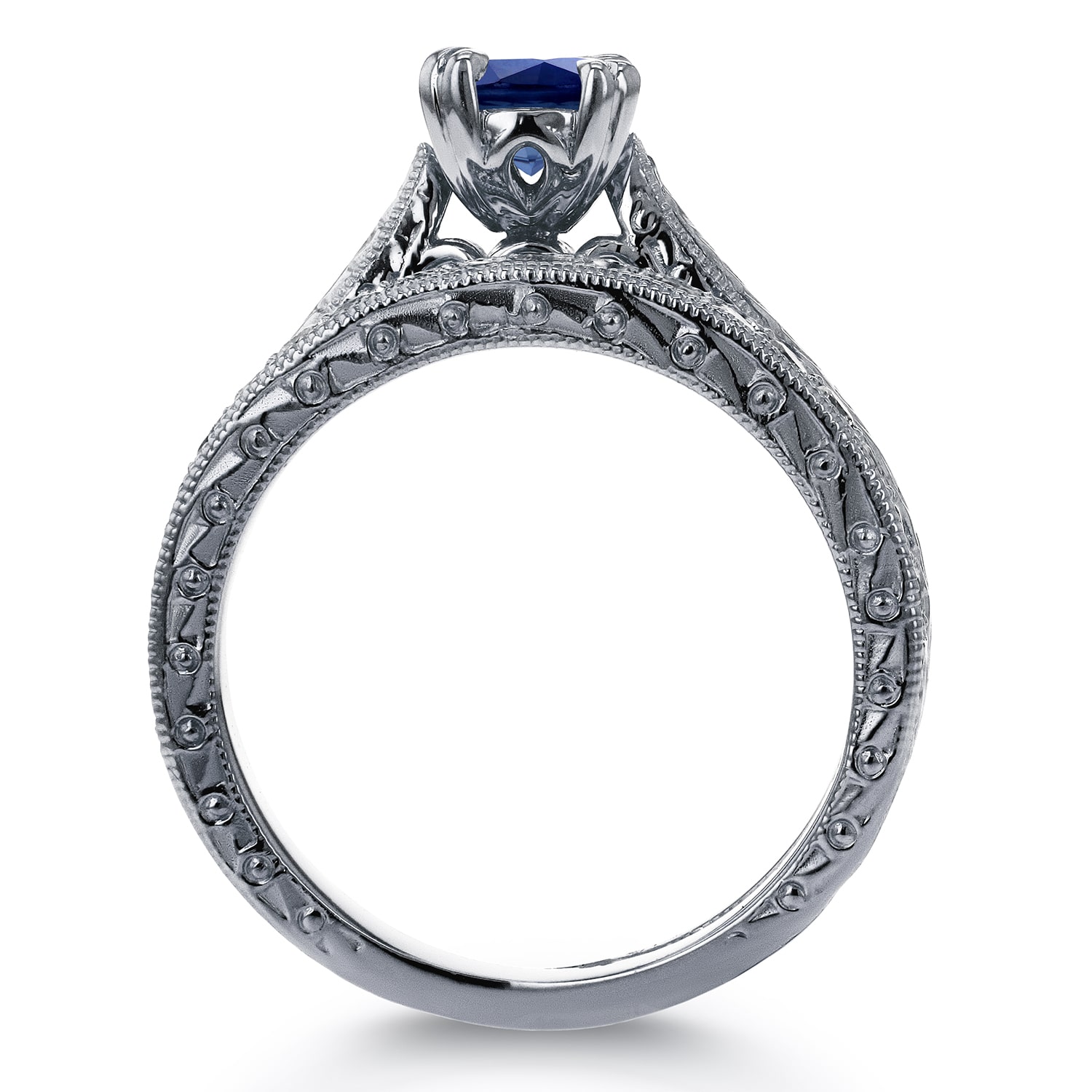Vintage Bridal Set Featuring Round Sapphire and Diamond with 7/8ct TGW in Yaffie White Gold.