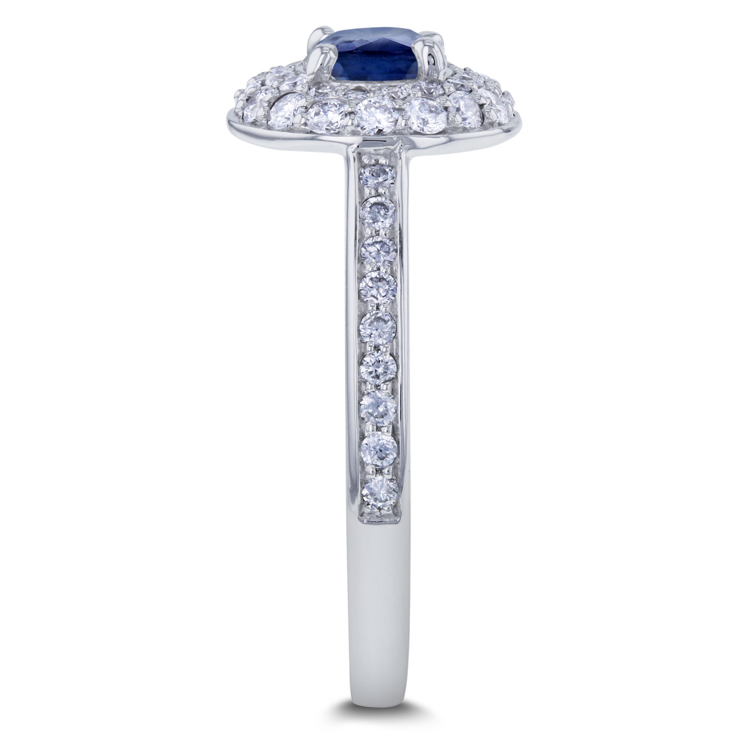 Elegant Blue Sapphire &amp; Diamond Double Halo Engagement Ring with a White Gold Dome