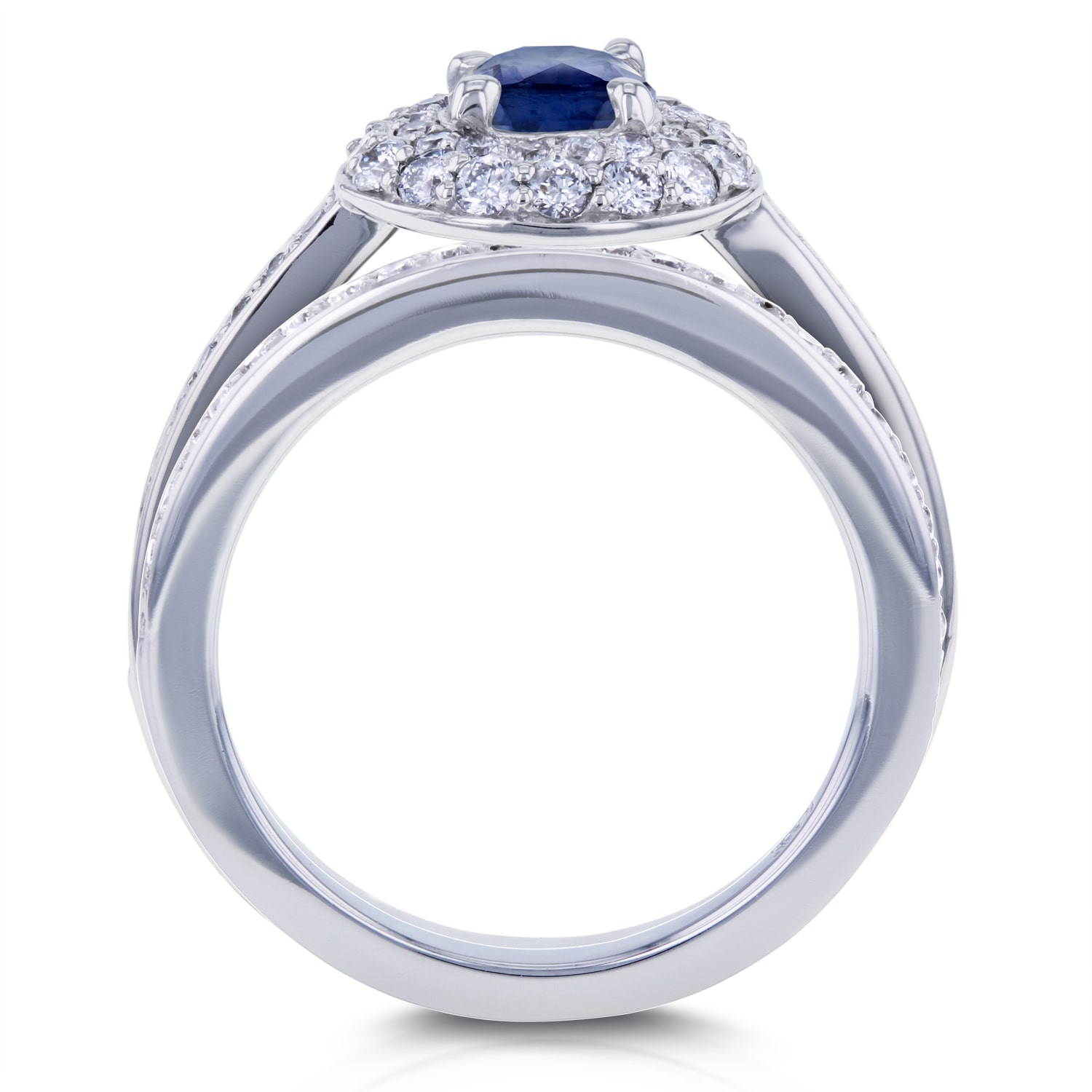 Double Halo Blue Sapphire &amp; Diamond Bridal Ring Set in White Gold (3pc)