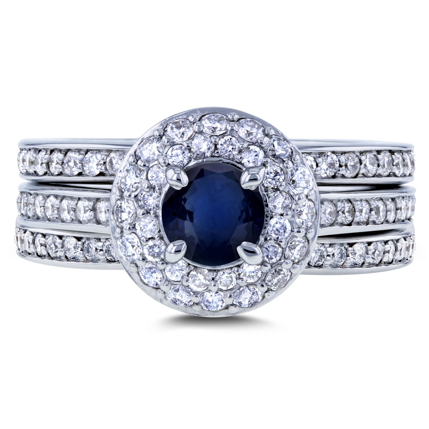 Blue Sapphire &amp; Diamond 3-Piece Bridal Ring Set with Double Halo &amp; 4/5ct TDW, in Yaffie White Gold Domed Style.