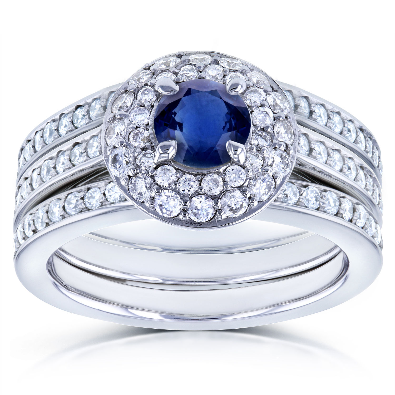 Blue Sapphire &amp; Diamond 3-Piece Bridal Ring Set with Double Halo &amp; 4/5ct TDW, in Yaffie White Gold Domed Style.