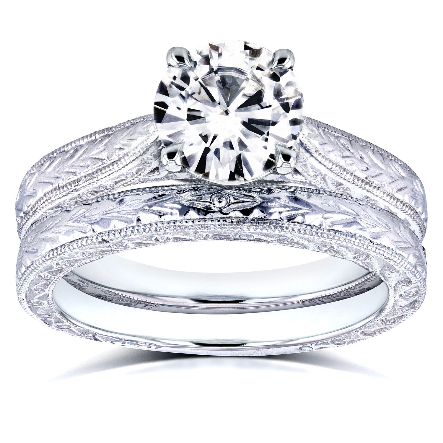 Yaffie Antique Cathedral Bridal Ring Set with 1 1/2ct TGW Moissanite &amp; Diamonds in White Gold, Forever One.
