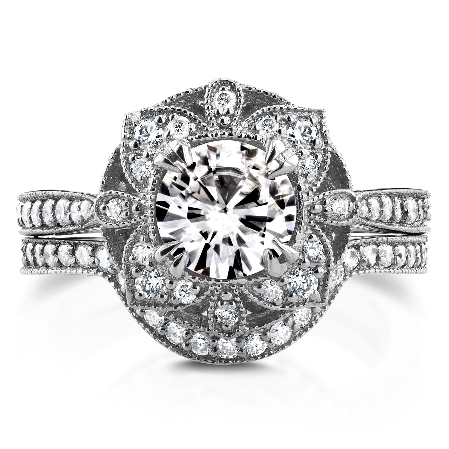 Floral Antique Bridal Set with Yaffie Round Moissanite and Diamond Accents in White Gold