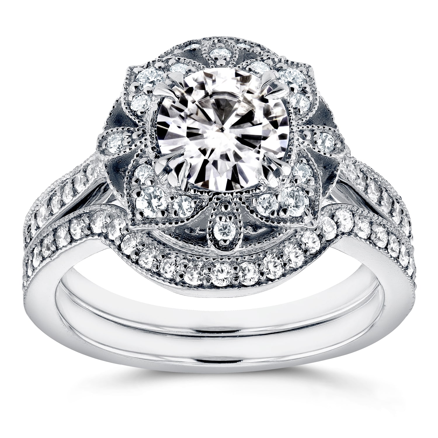 Floral Antique Bridal Set with Yaffie Round Moissanite and Diamond Accents in White Gold