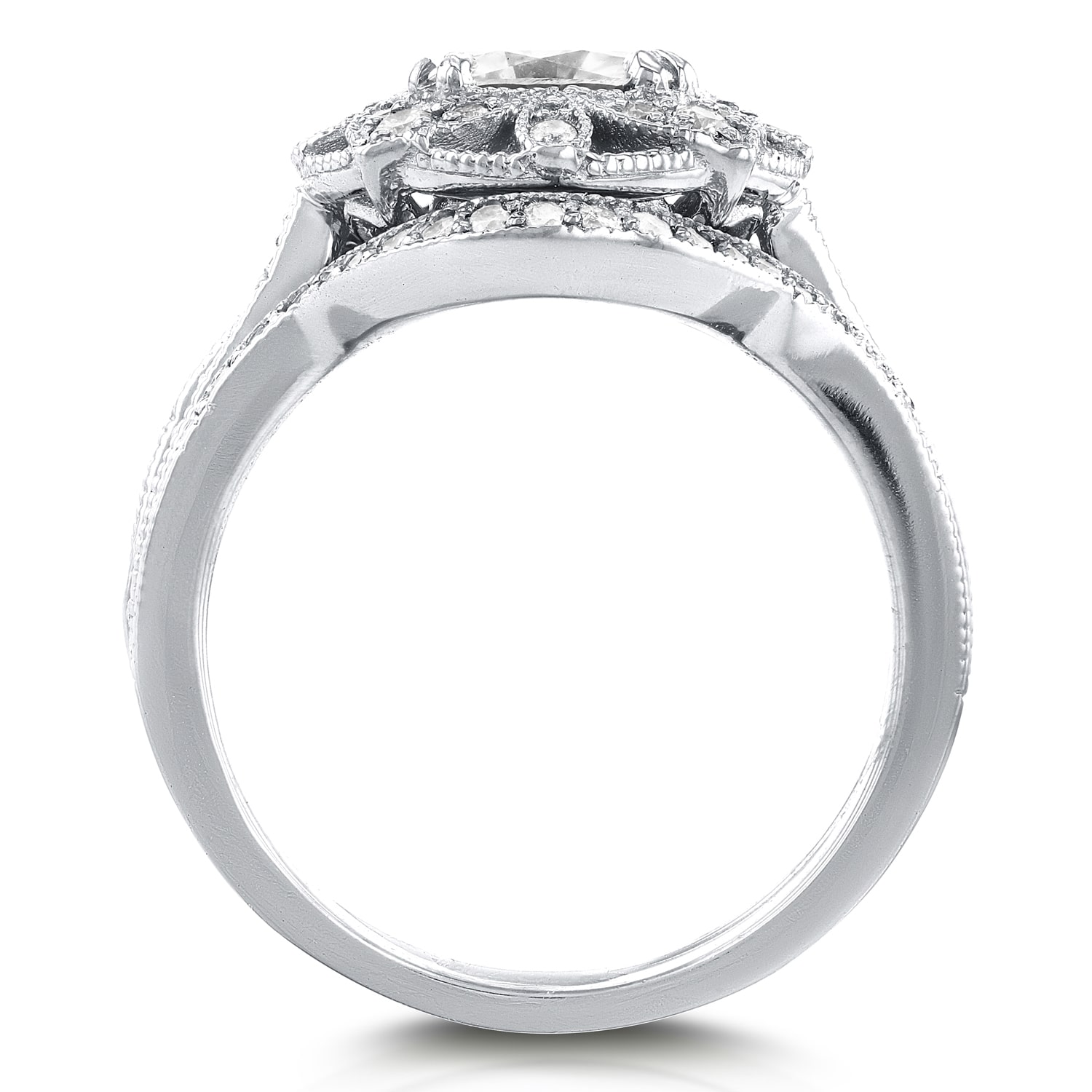 Floral Antique Bridal Set with Yaffie Round Moissanite and Diamond Accents in White Gold