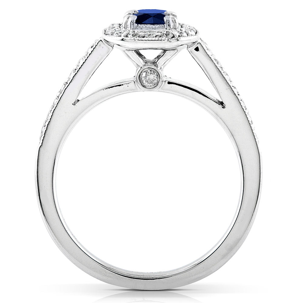 Blue Sapphire and Diamond Halo Ring in Yaffie White Gold