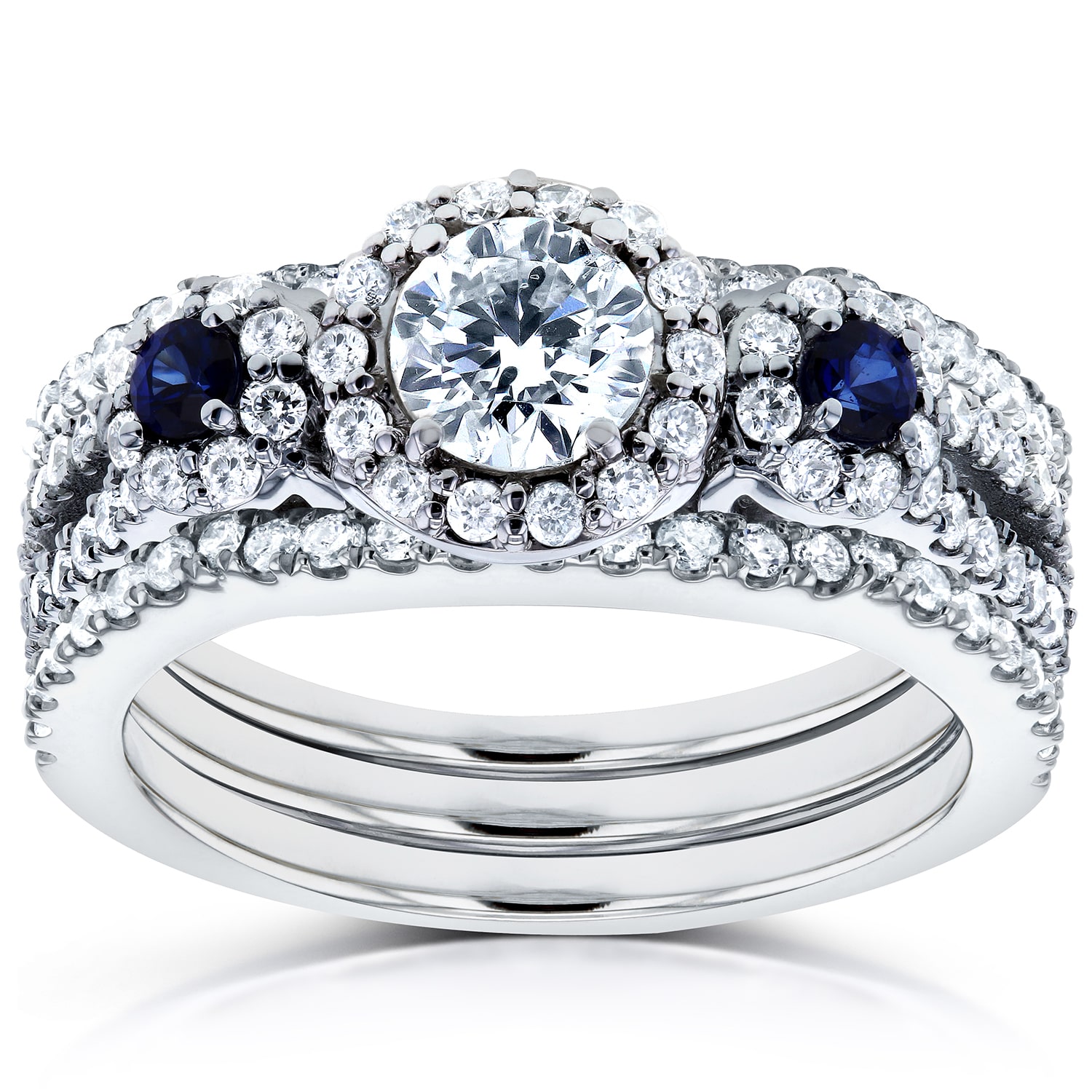 Sapphire &amp; Diamond Halo Three Stone Double Band in White Gold - Yaffie Jewellery
